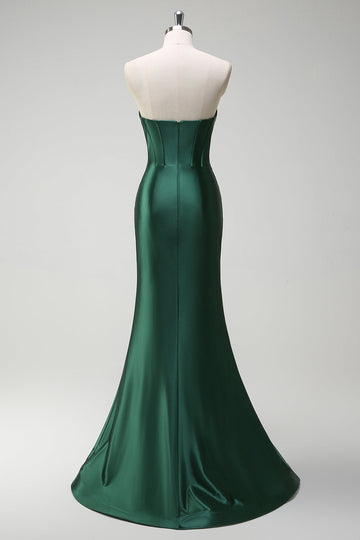 Robe de soirée longue en satin corset perlé vert foncé scintillant avec fente